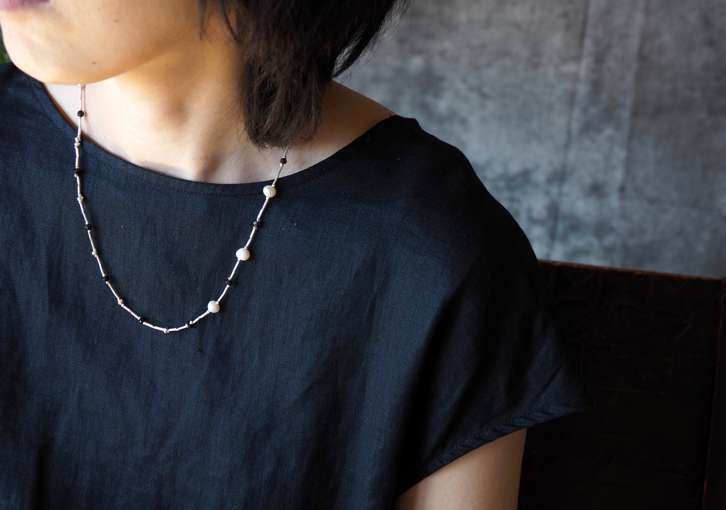 マンテルネックレス 【パール_スモーキークォーツ】