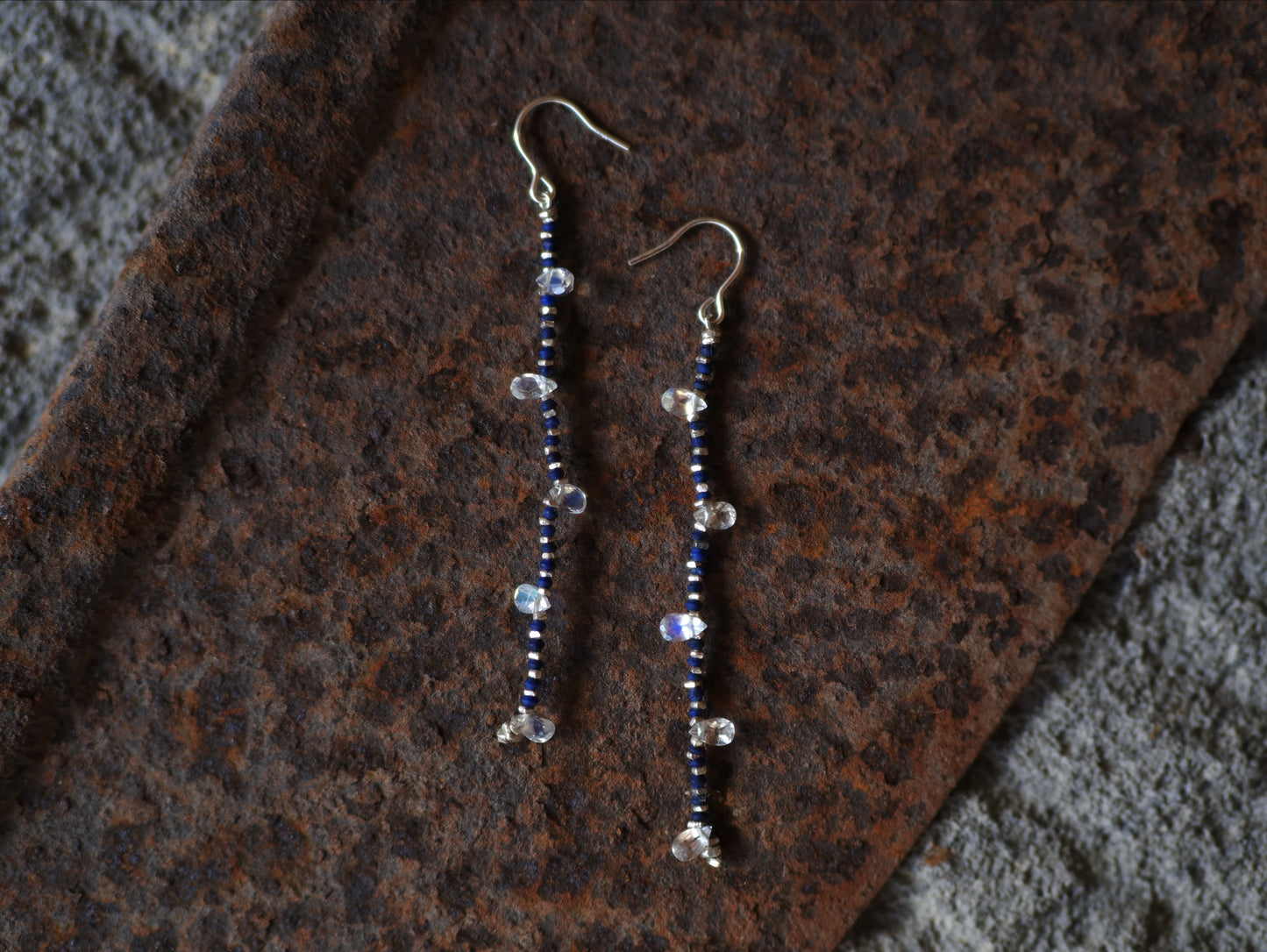-Rainbow moonstone- 'lapis lazuli・silver' hooks