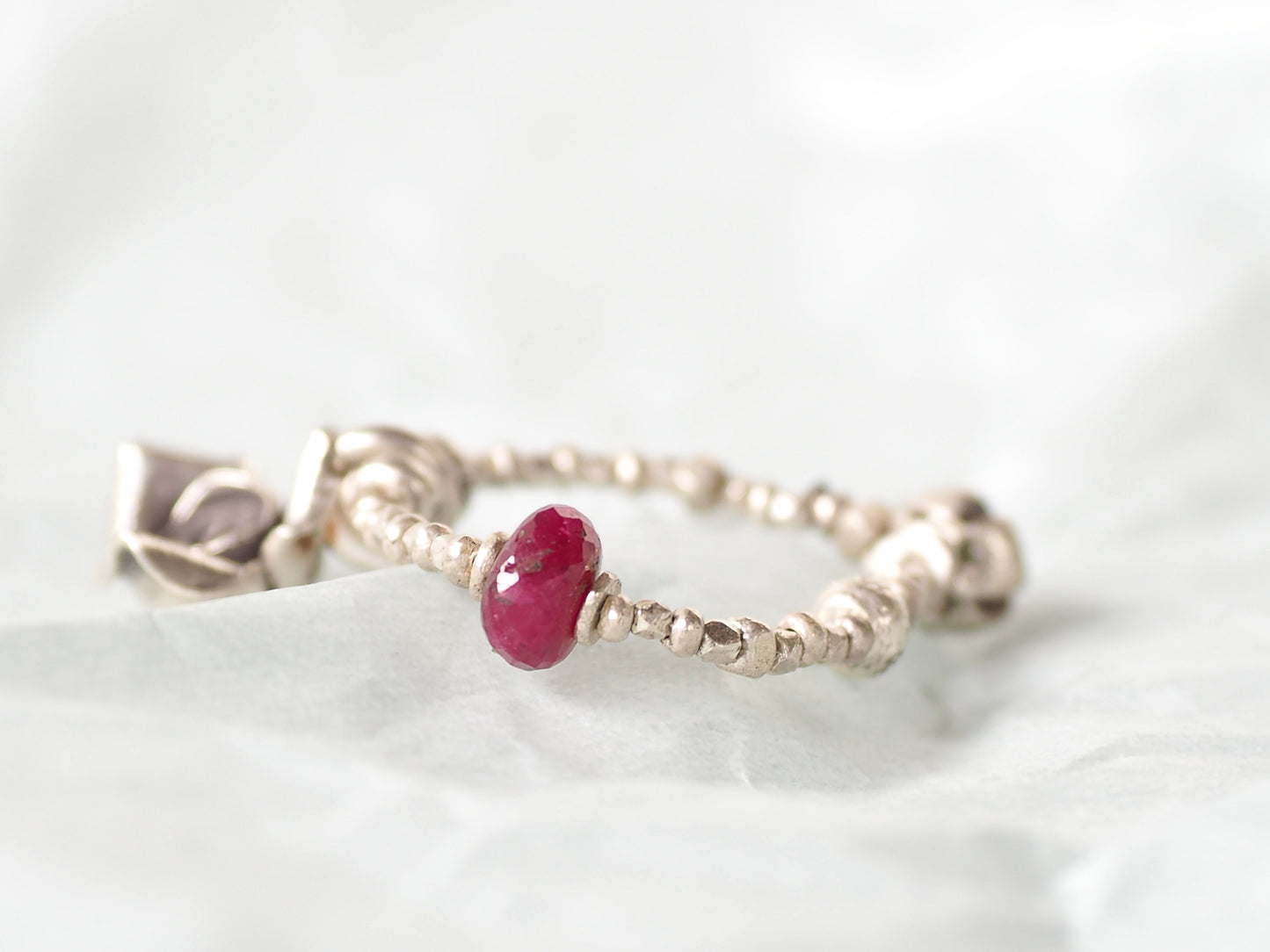 -flower charm・Ruby- silver beads-ring