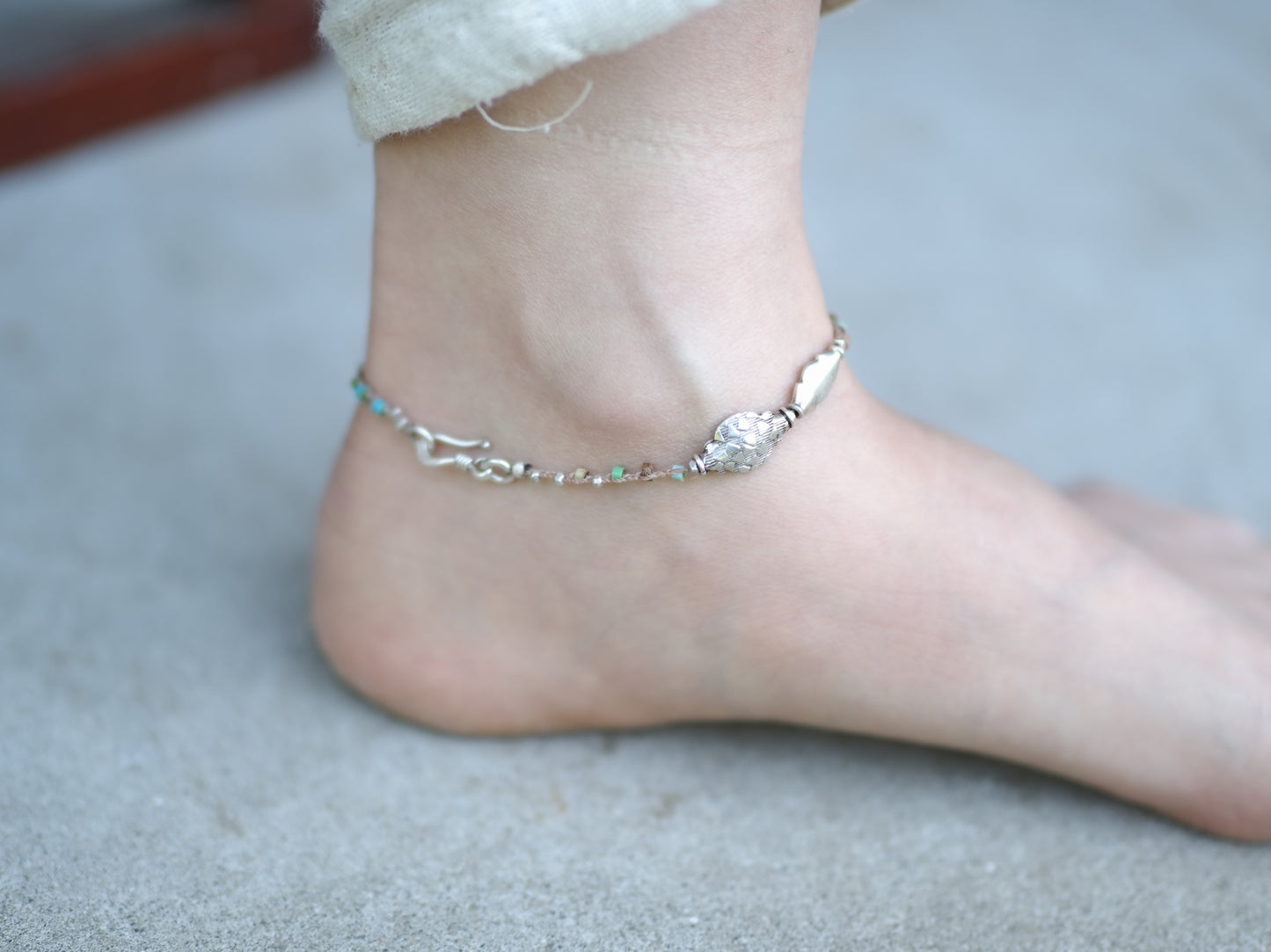 -India silver- 'turquoise・silver' braid anklet