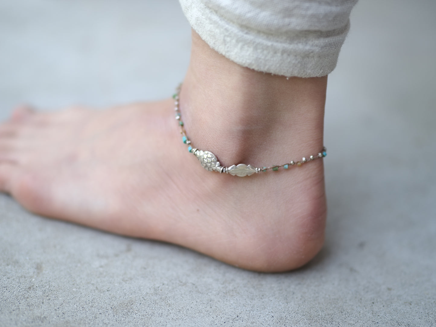 -India silver- 'turquoise・silver' braid anklet