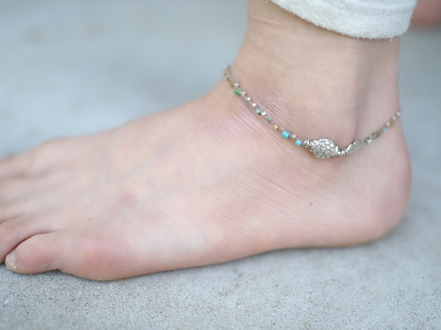 -India silver- 'turquoise・silver' braid anklet
