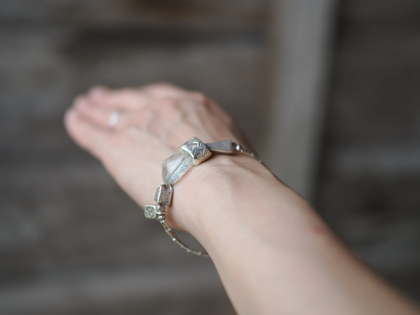 -Karensilver・Aquamarine- '2line' silver bracelet