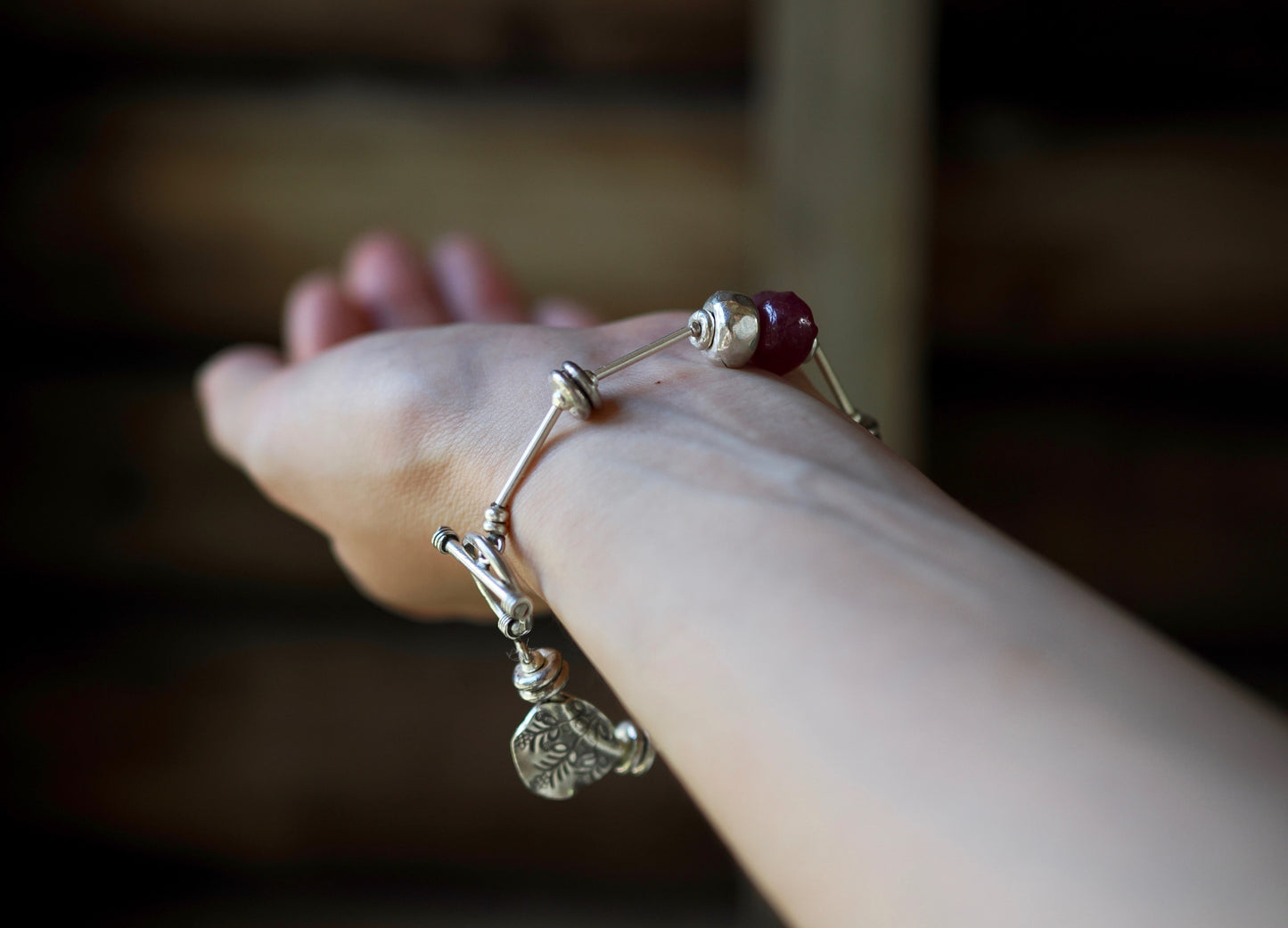 -Rough ruby- silver bracelet