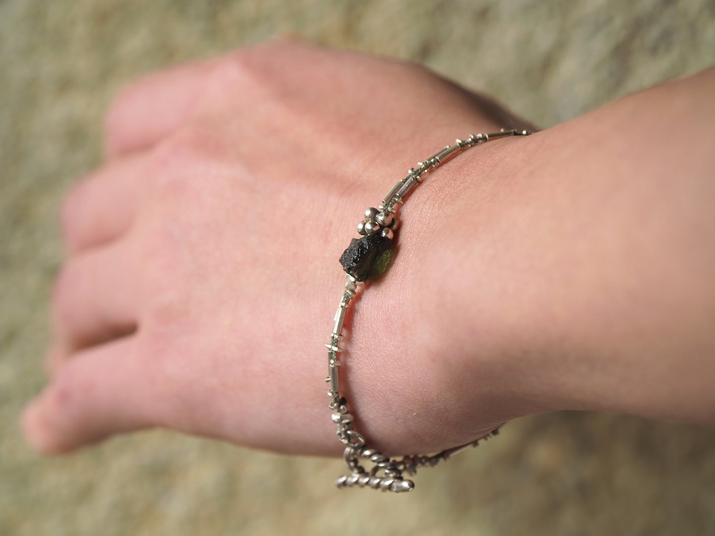 -Moldavite- silver double bracelet