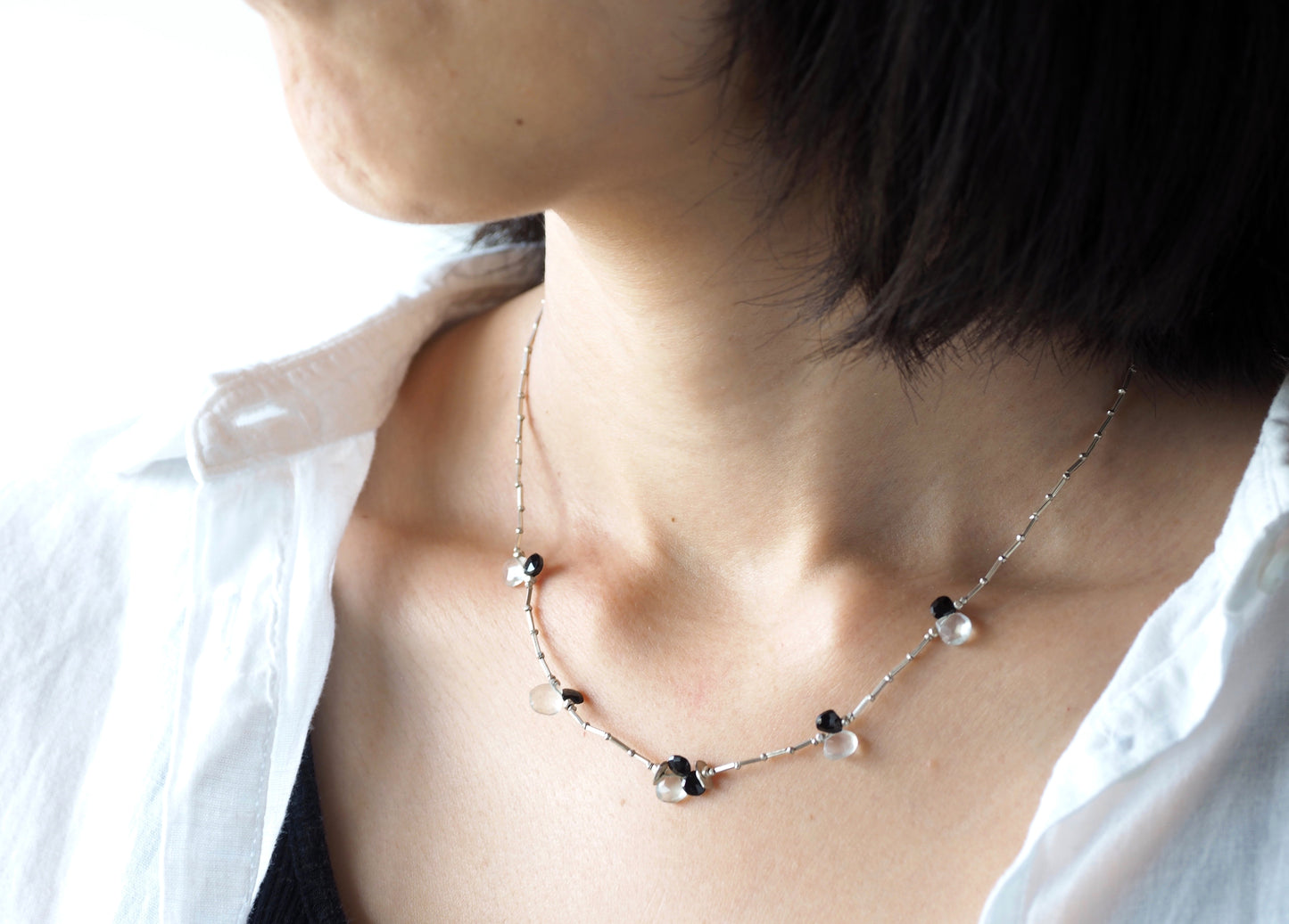-Moon stone・Black spinel- silver necklace