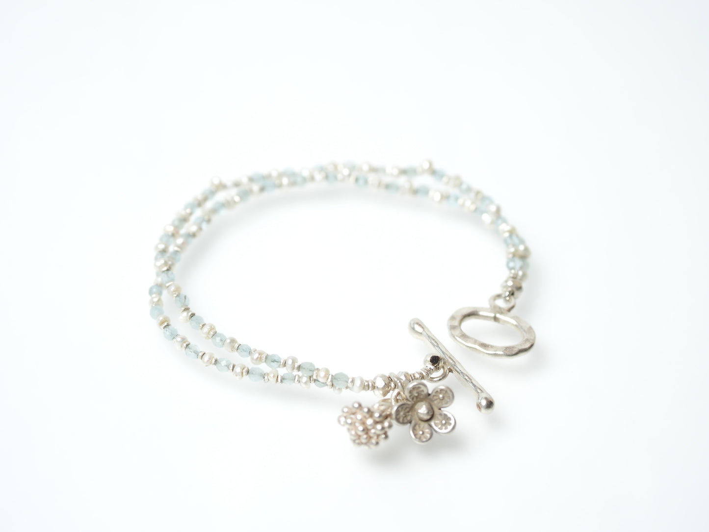 [Keshi Pearl x Aquamarine] Silver Double Bracelet