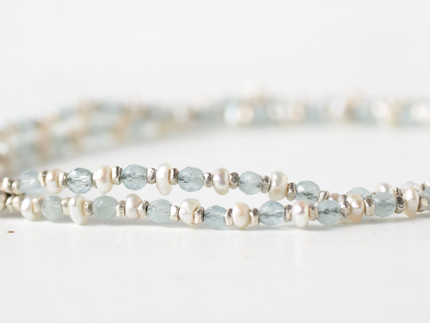[Keshi Pearl x Aquamarine] Silver Double Bracelet
