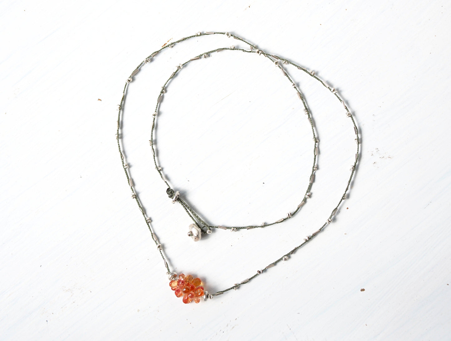 Orange Sapphire Silver Braided Necklace 