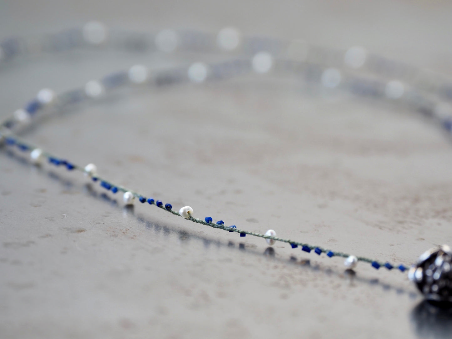 "Botanical" Charm Lapis Lazuli Pearl Braided Long Necklace