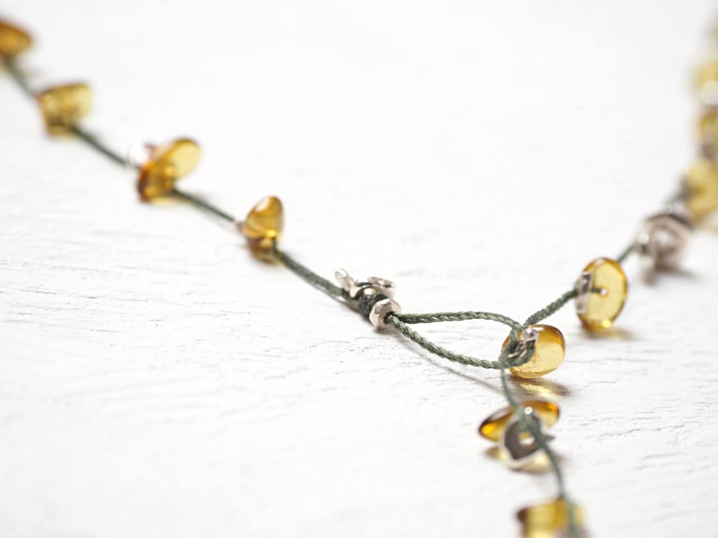 "Yellow-Green" Amber Braided String Necklace 