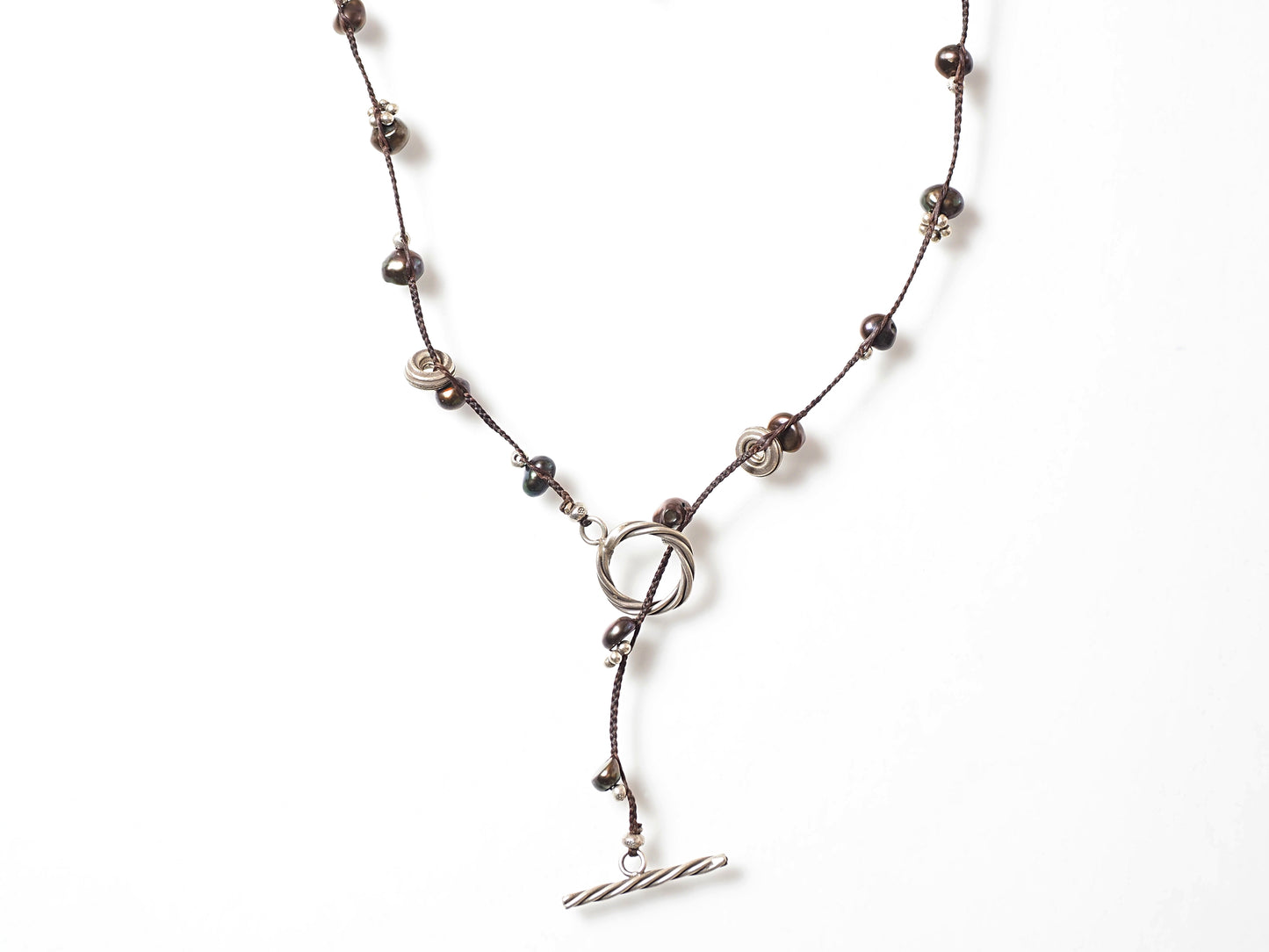 [Metallic Pearl_Silver] Braided string long necklace